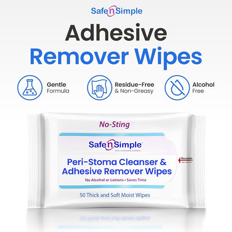 Safe n Simple Peri-Stoma Cleanser & Adhesive Remover Wipes, No-Sting, 5"x7" - SNS00525-Pack - LL Medico