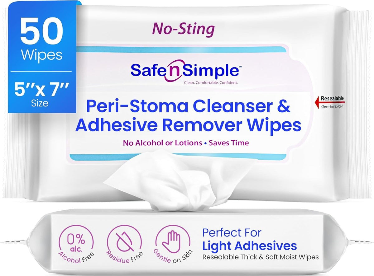 Safe n Simple Peri-Stoma Cleanser & Adhesive Remover Wipes, No-Sting, 5"x7" - SNS00525-Pack - LL Medico