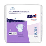 Seni Active Super Plus Absorbent Underwear by Seni provides overnight protection with breathable material, white and purple design, for heavy incontinence. Each XXL pack contains 12 pieces.