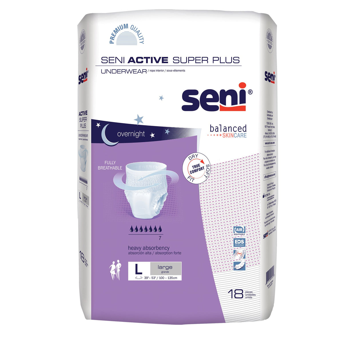 A pack of Seni Active Super Plus Absorbent Underwear by Seni, size large, offers heavy incontinence and overnight protection. The white-purple pack shows product images, highlights breathability, and includes 18 pieces.
