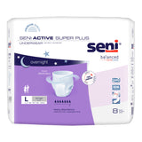 Seni Active Super Plus Absorbent Underwear by Seni provides overnight, heavy incontinence protection with breathable material. The white and purple pack shows features and product images and contains 8 large-size pieces.