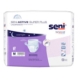 A pack of Seni Active Super Plus Absorbent Underwear by Seni, medium size, with 9 pieces for heavy absorbency. Features icons for overnight protection, breathable material, and a product diagram.