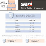 The Seni Active Super Plus Absorbent Underwear sizing guide features a diagram of waist and hip measuring points, product image, and a size chart (S-XXL with waist-hip ranges), plus fitting tips—perfect for those needing heavy incontinence protection.