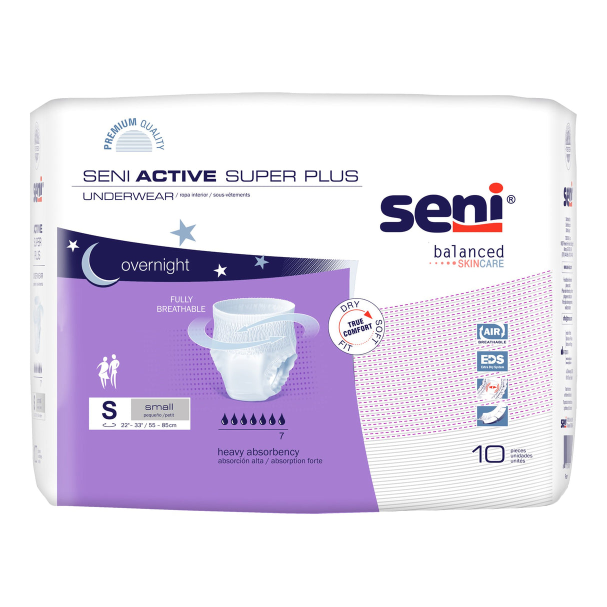 A pack of Seni Active Super Plus Absorbent Underwear by Seni, size small, features white and purple packaging with absorbency icons, product image, and highlights overnight protection for heavy incontinence.