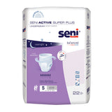 Seni Active Super Plus Absorbent Underwear by Seni, size small, is ideal for heavy incontinence and overnight use. Each mostly white pack with purple accents contains 22 pieces.