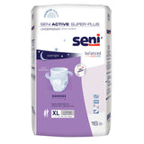 Seni Active Super Plus Absorbent Underwear by Seni, size XL, offers overnight protection and heavy absorbency for adults. The mostly white pack with purple accents contains 16 pieces.