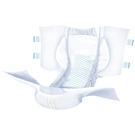Seni Super Plus Adult Briefs by Seni are shown opened, featuring stretchy side tabs, elastic leg cuffs, an absorbent core with blue lines, and a yellow wetness indicator—ideal for managing heavy incontinence.