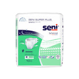 A pack of Seni Super Plus Adult Briefs by Seni, medium size, includes 10 briefs for heavy incontinence. Packaging features images and icons highlighting breathability, absorbency, and skin care benefits.