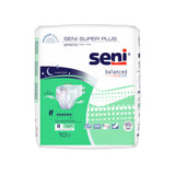 A pack of 10 Seni Super Plus Adult Briefs by Seni, offering overnight protection and high absorbency. The white package features product images, green and purple accents, and highlights air flow and breathable comfort. Regular size.