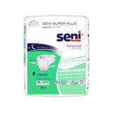 Seni Super Plus Adult Briefs, size XL, by Seni offer super absorbency and overnight protection. The white packaging features green and blue accents, product images, and icons highlighting breathability and skin care benefits.