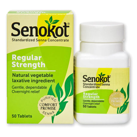 Senokot Regular Strength Laxative Tablets, box and bottle front