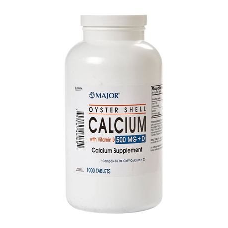 A white bottle labeled Major Joint Health Supplement with Calcium and Vitamin D by Major. Contains 1000 tablets with supplement facts and dosage information shown on the side, supporting joint health with calcium and vitamin D.