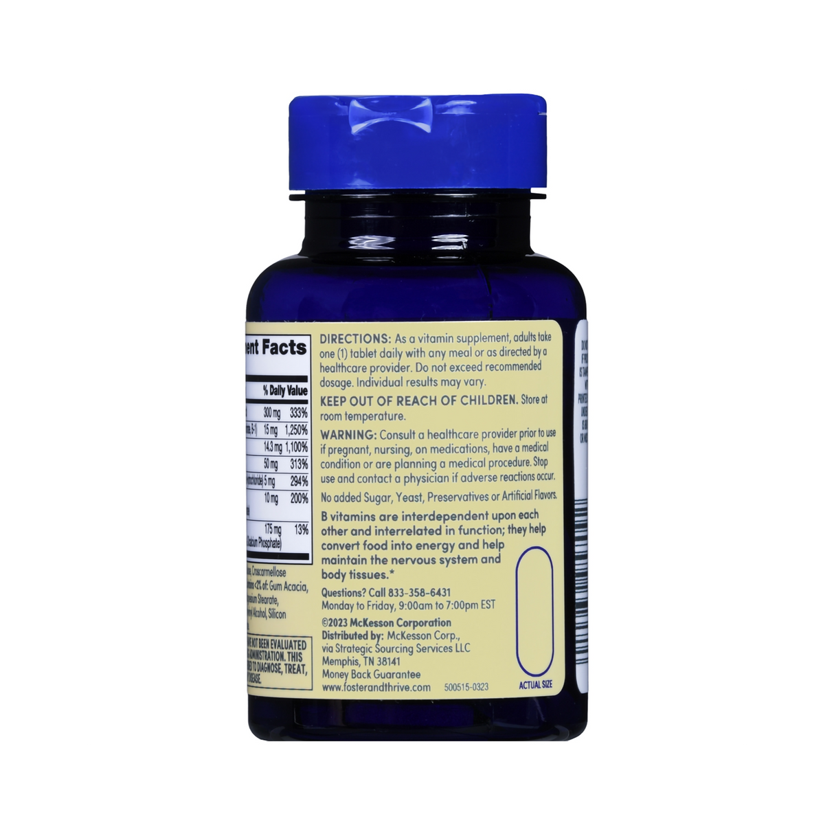 A blue Foster & Thrive Multivitamin Supplement bottle with a blue cap shows its back label featuring directions, warnings, and supplement facts for immune health, printed in black on a white and yellow background.