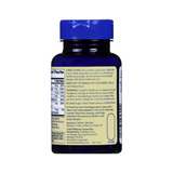 A blue Foster & Thrive Multivitamin Supplement bottle with a blue cap shows its back label featuring directions, warnings, and supplement facts for immune health, printed in black on a white and yellow background.
