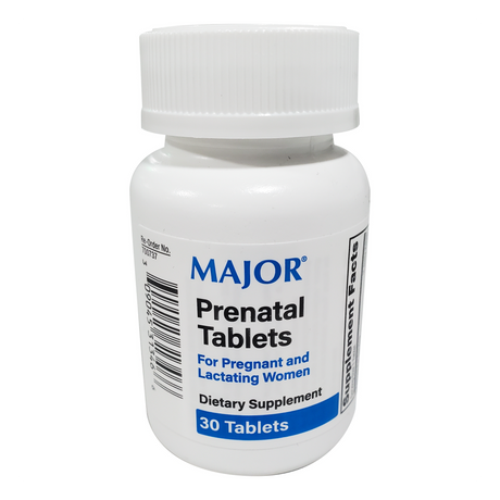 A white bottle labeled Major Prenatal Vitamin Supplement by Major for pregnant and lactating women, containing 30 multivitamin tablets. The label features a barcode and a partial supplement facts panel.