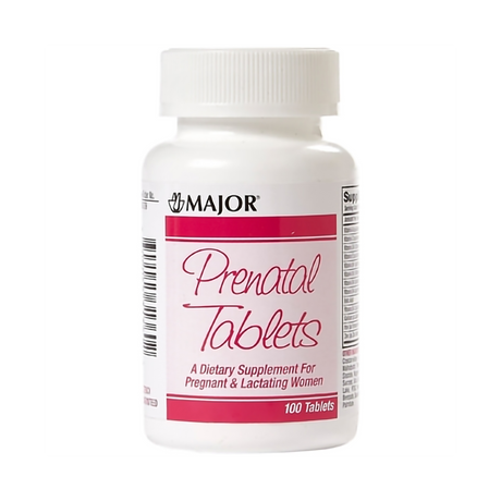 A white bottle labeled Major Prenatal Vitamin Supplement with Iron and Folic Acid (Major), containing 100 tablets, provides essential nutrition—including iron and folic acid—for pregnant and lactating women.