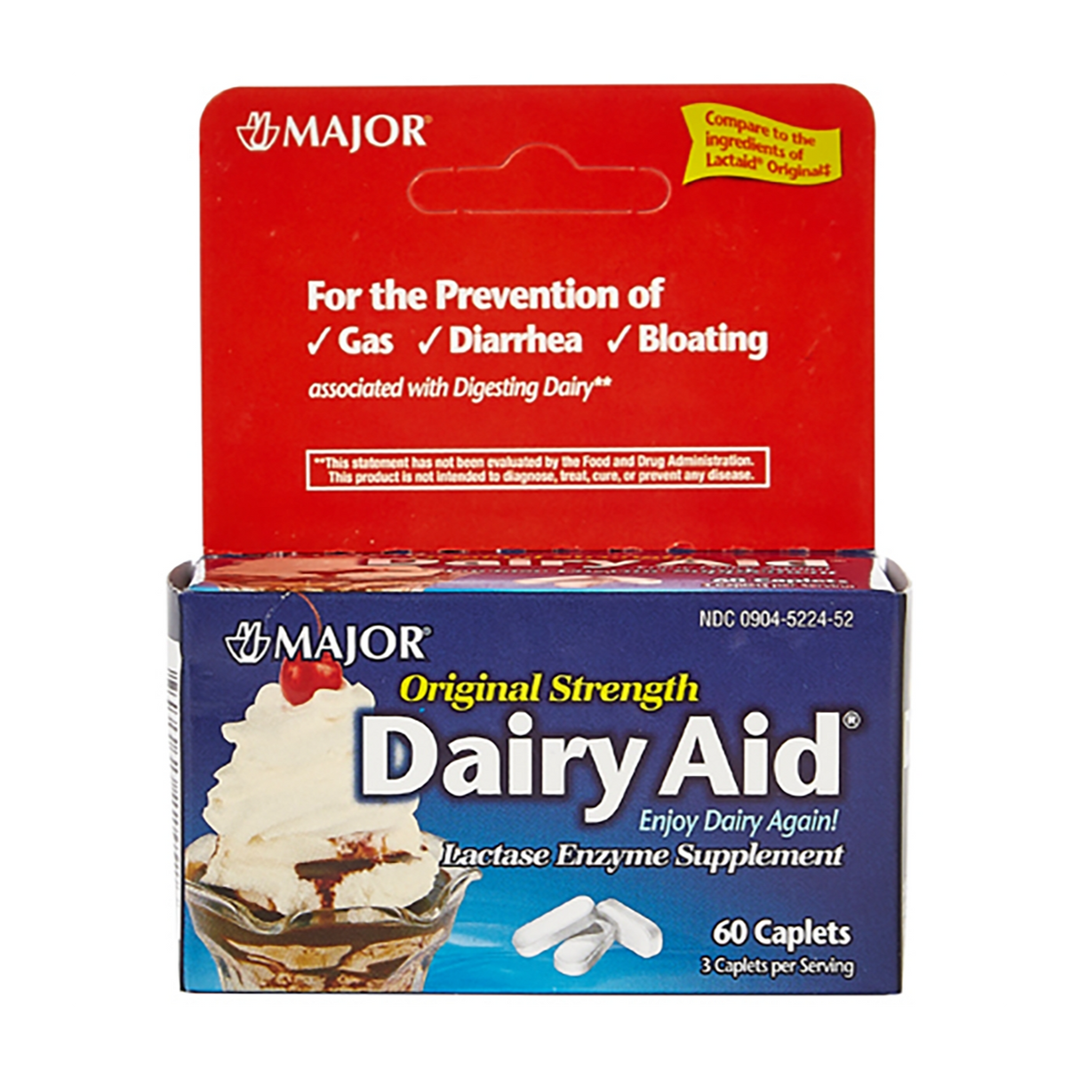 A box of Major Lactase Enzyme Dietary Supplement from Major, shown with a dessert topped with whipped cream, helps prevent gas, diarrhea, and bloating due to lactose intolerance to support digestive health.