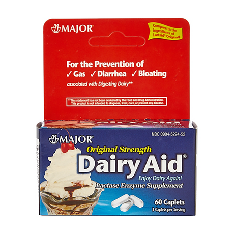 A box of Major Lactase Enzyme Dietary Supplement from Major, shown with a dessert topped with whipped cream, helps prevent gas, diarrhea, and bloating due to lactose intolerance to support digestive health.