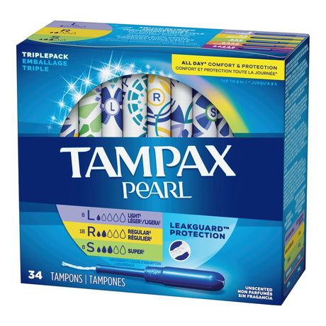 Tampax Pearl Tampons, Light / Regular / Super Absorbency, Individually Wrapped, 34 Count - 07301071133-Box - LL Medico