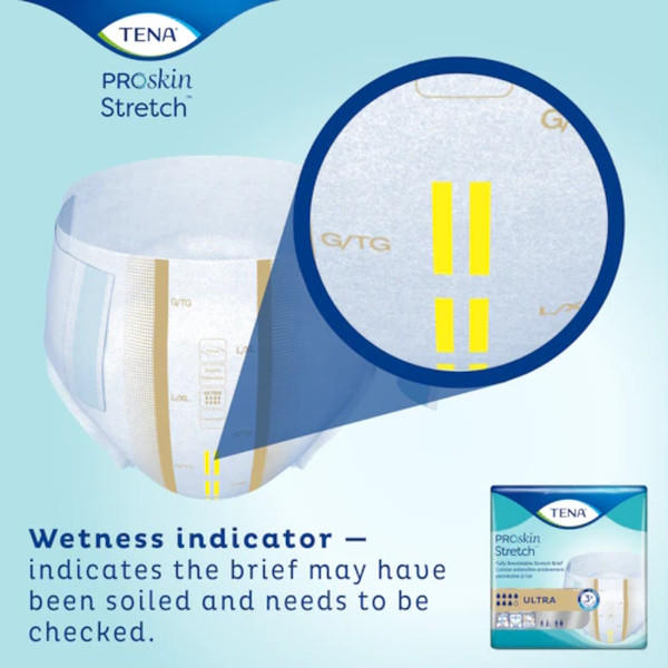 TENA ProSkin Stretch Ultra Incontinence Briefs by TENA are shown with a close-up of yellow wetness indicator lines, breathable stretch sides, and the packaging displayed in the corner. Text explains how the indicator signals when its time for a change.