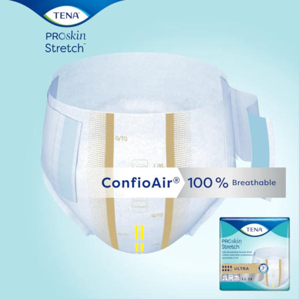 A TENA ProSkin Stretch Ultra Incontinence Brief by TENA is shown with highlighted breathable stretch sides for comfort and protection. The product box appears in the bottom right corner against a light blue background.