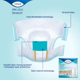 A TENA ProSkin Stretch Ultra Incontinence Brief is shown with breathable stretch sides, InstaDri Skin-Caring System, extended-wear odor control technology, and TENA product packaging visible.