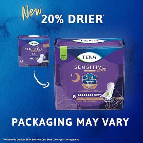 TENA Sensitive Care Extra Coverage Overnight Pads, new vs old package