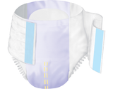 An illustration of TENA ProSkin Stretch Ultra Incontinence Briefs by TENA shows breathable stretch sides, two blue adhesive tabs open, elastic leg cuffs, a light purple absorbent core, and a yellow wetness indicator for incontinence protection.