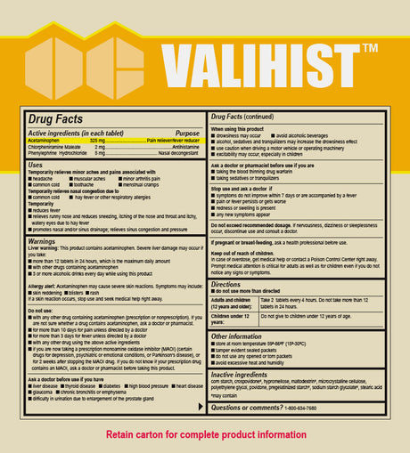 Valihist Multi-Symptom Relief For Allergies, Colds & Runny Nose, 300 Tablets