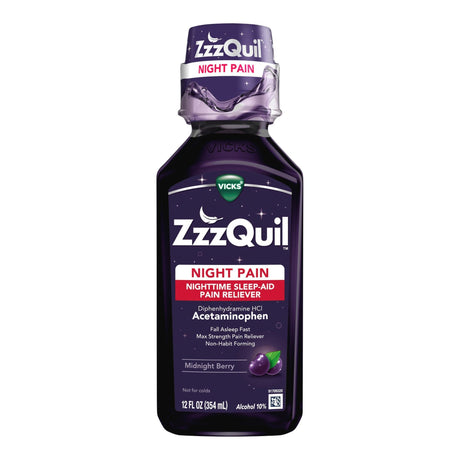 Vicks ZzzQuil Night Pain Nighttime Sleep-Aid Pain Reliever Liquid, Midnight Berry, 12 fl oz - 32390004089-Single - LL Medico