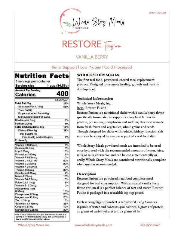 Whole Story Meals Restore Fusion Renal Support, Vanilla Berry Flavor - 7126-Single - LL Medico